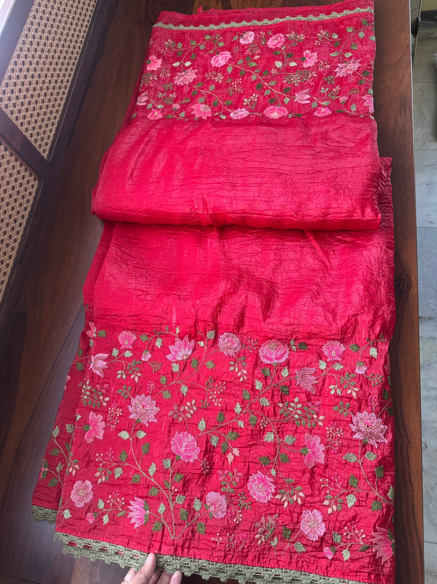 Embroidered Crush Satin Georgette Saree - Cherry Red