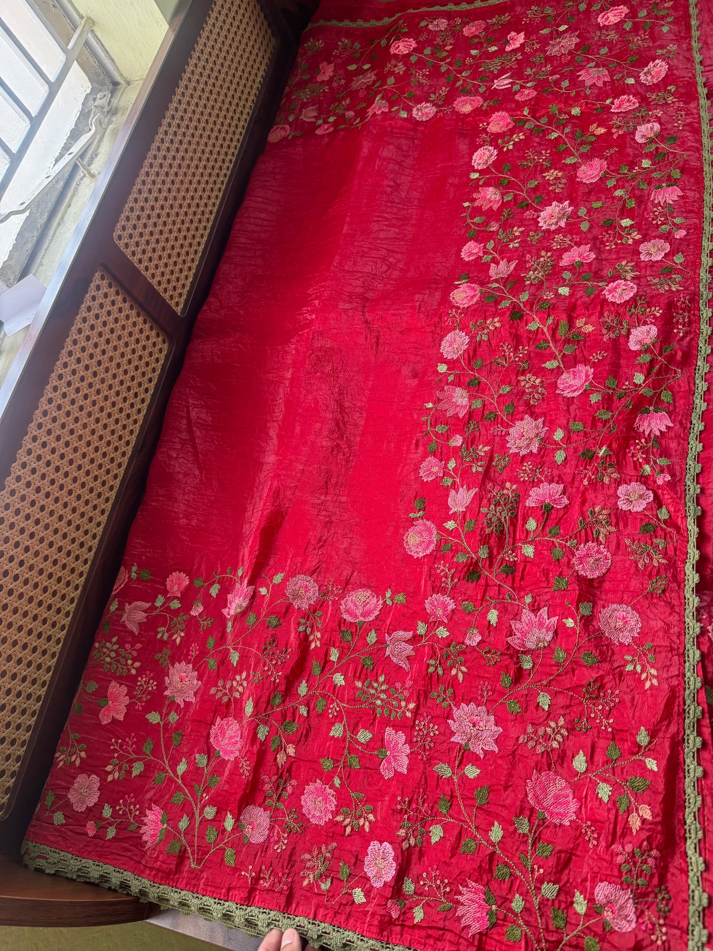 Embroidered Crush Satin Georgette Saree - Cherry Red