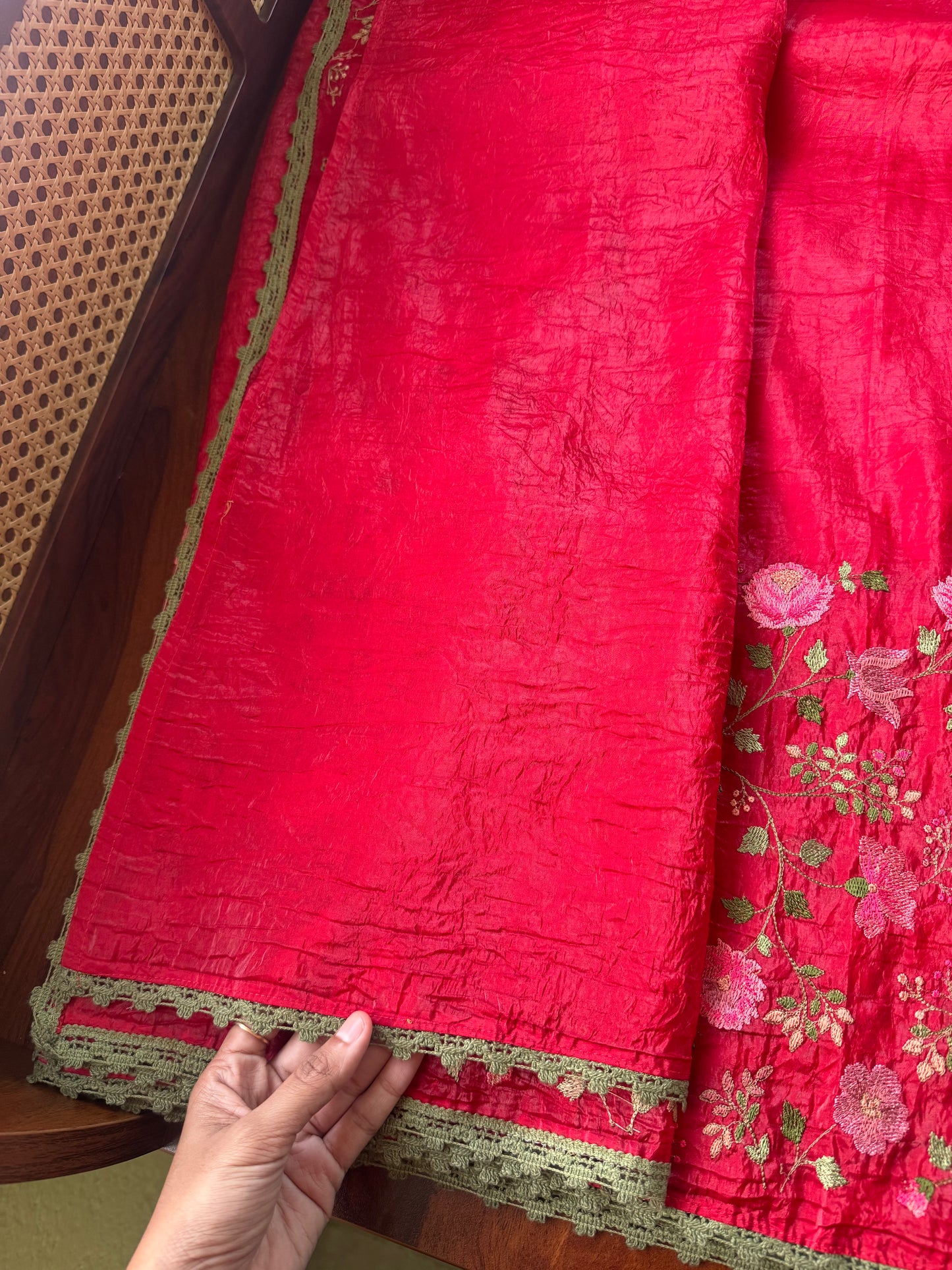 Embroidered Crush Satin Georgette Saree - Cherry Red