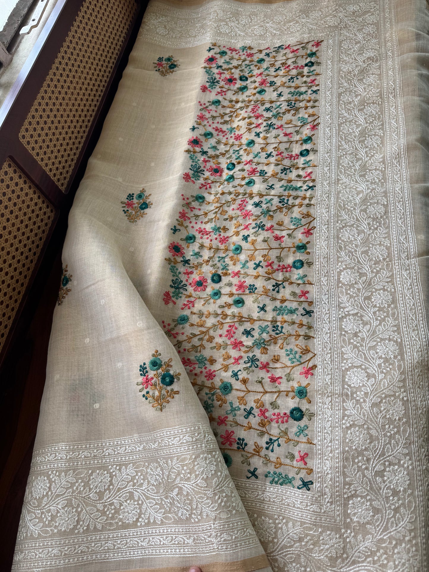 Premium Tissue Linen Sarees - Half White & Peacock Blue