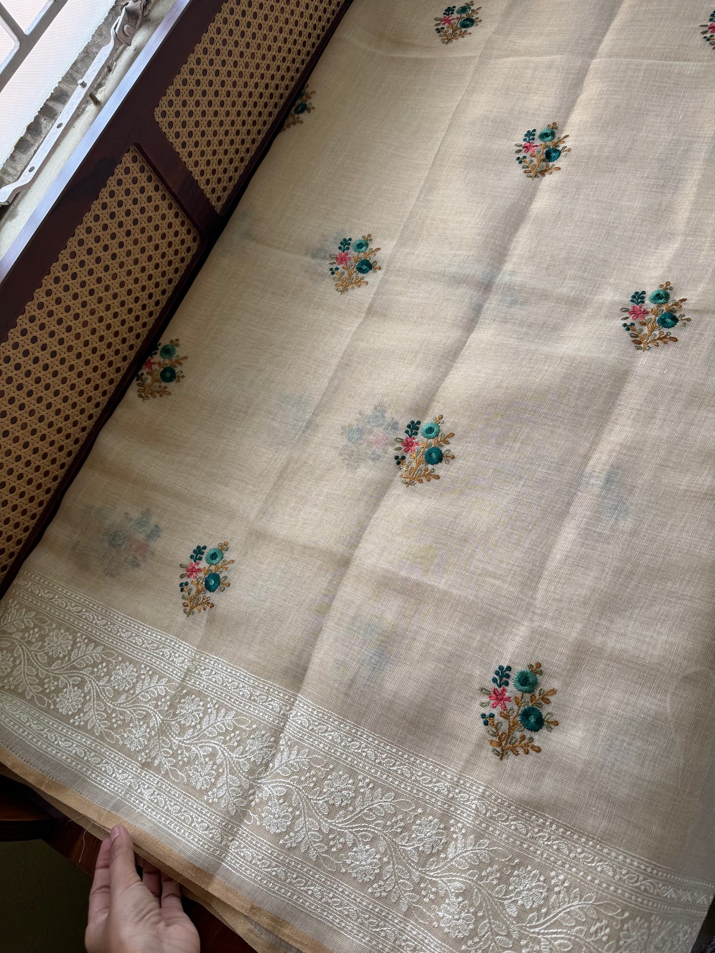 Premium Tissue Linen Sarees - Half White & Peacock Blue