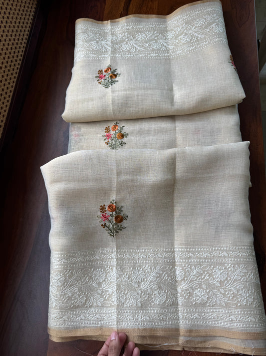 Premium Tissue Linen Sarees - Half White & Marigold