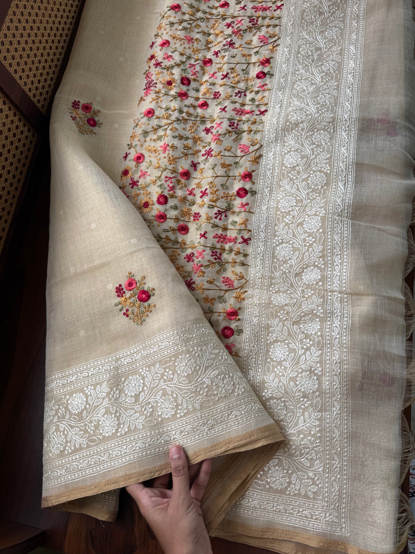 Premium Tissue Linen Sarees - Half White & Cherry Red