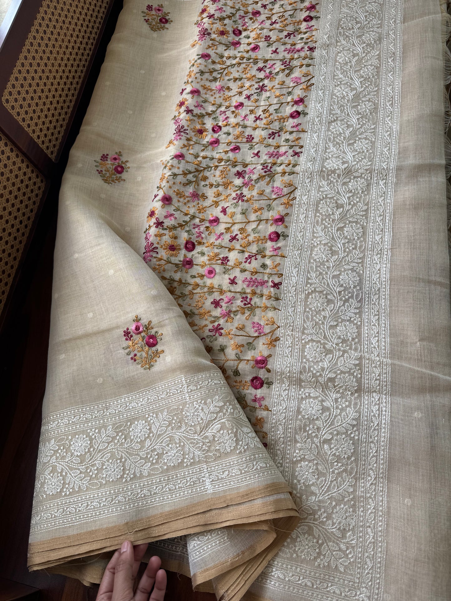 Premium Tissue Linen Sarees - Half White & Pink