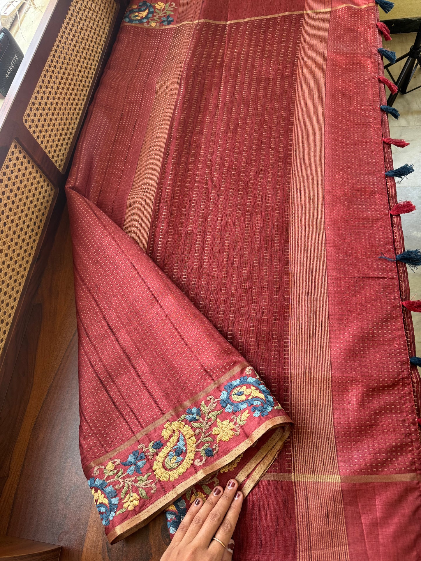 Embroidered Tussar Blend - Maroon