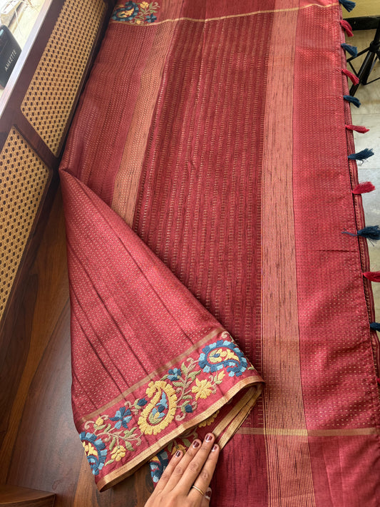 Embroidered Tussar Blend - Maroon