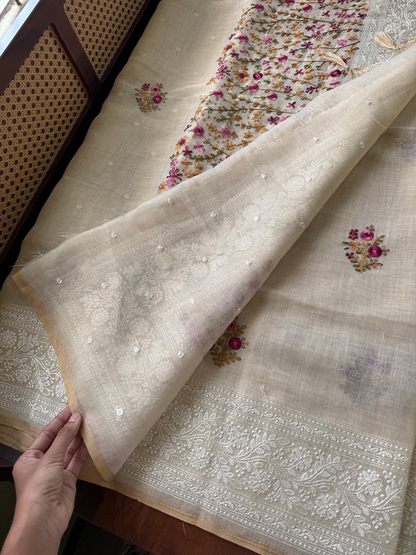Premium Tissue Linen Sarees - Half White & Pink