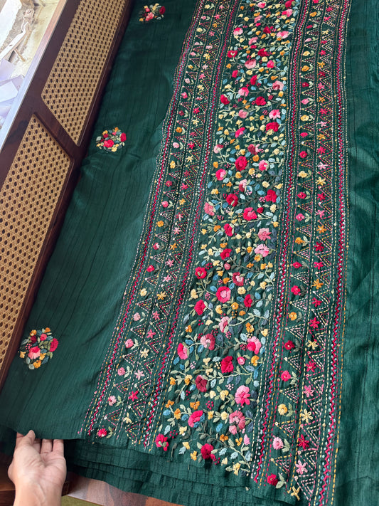 Premium Tussar Blend Saree with Handwork - Dark Green