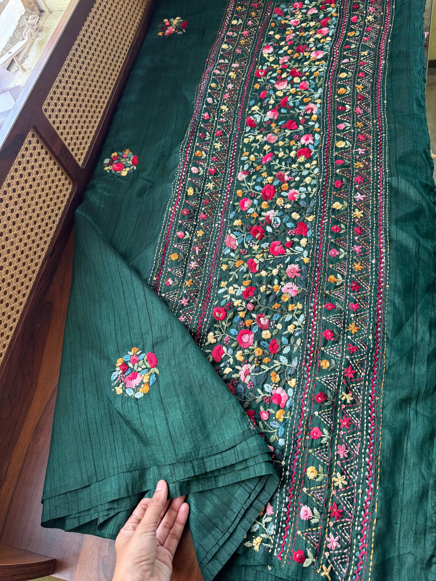 Premium Tussar Blend Saree with Handwork - Dark Green