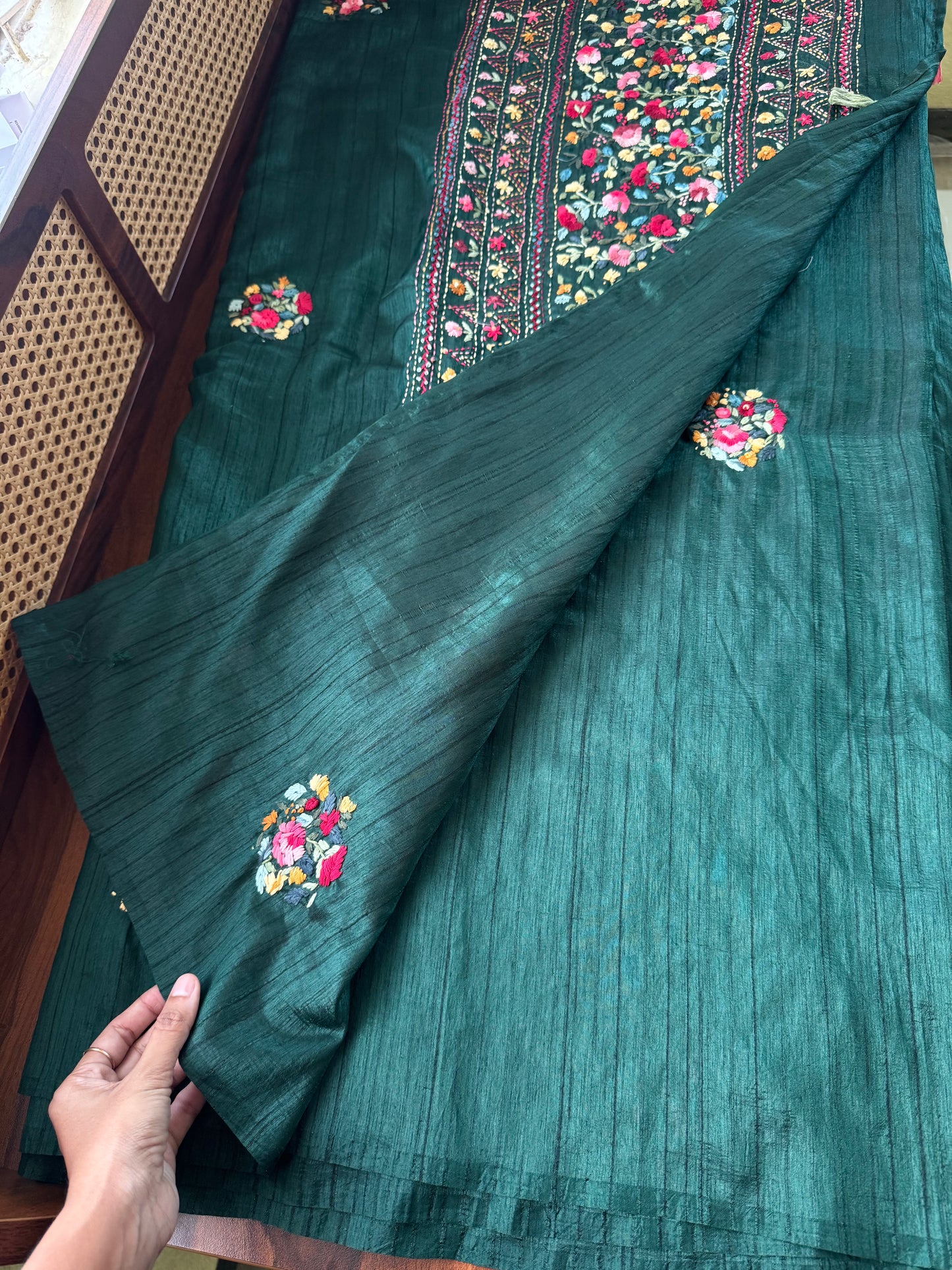 Premium Tussar Blend Saree with Handwork - Dark Green