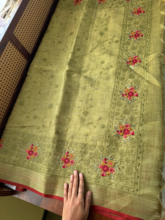 Premium Tissue Linen Sarees - Green