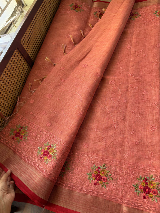 Premium Tissue Linen Sarees - Peach