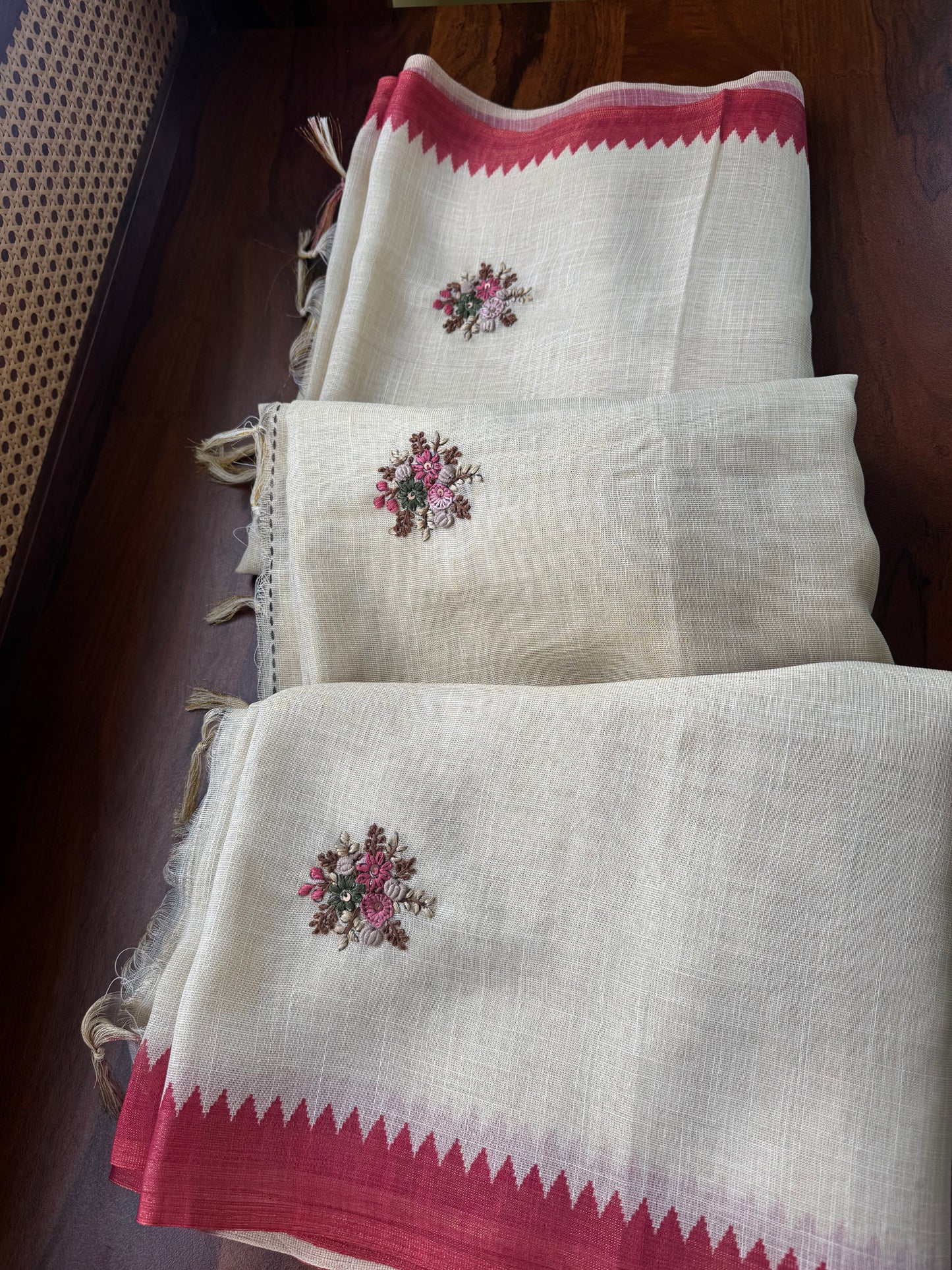 Premium Tissue Linen Sarees - Half White and Crimson Red