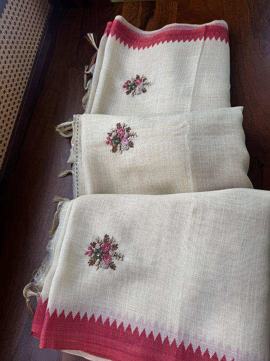 Premium Tissue Linen Sarees - Half White and Crimson Red