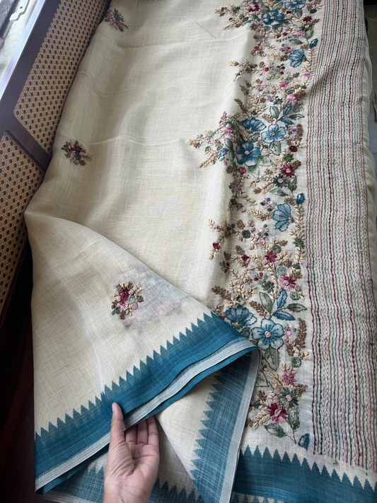 Premium Tissue Linen Sarees - Half White and Blue