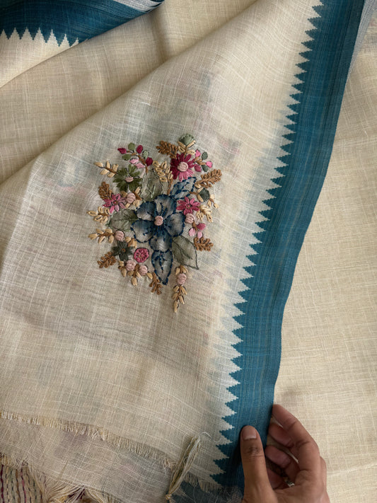 Premium Tissue Linen Sarees - Half White and Blue