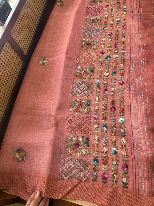 Premium Tissue Linen Sarees with heavy blouse - Peach Pink