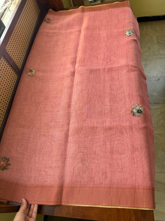 Premium Tissue Linen Sarees with heavy blouse - Peach Pink