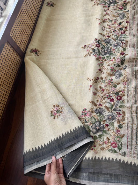 Premium Tissue Linen Sarees - Half White and Black