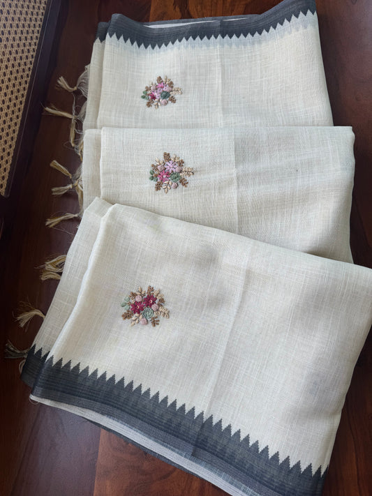 Premium Tissue Linen Sarees - Half White and Black