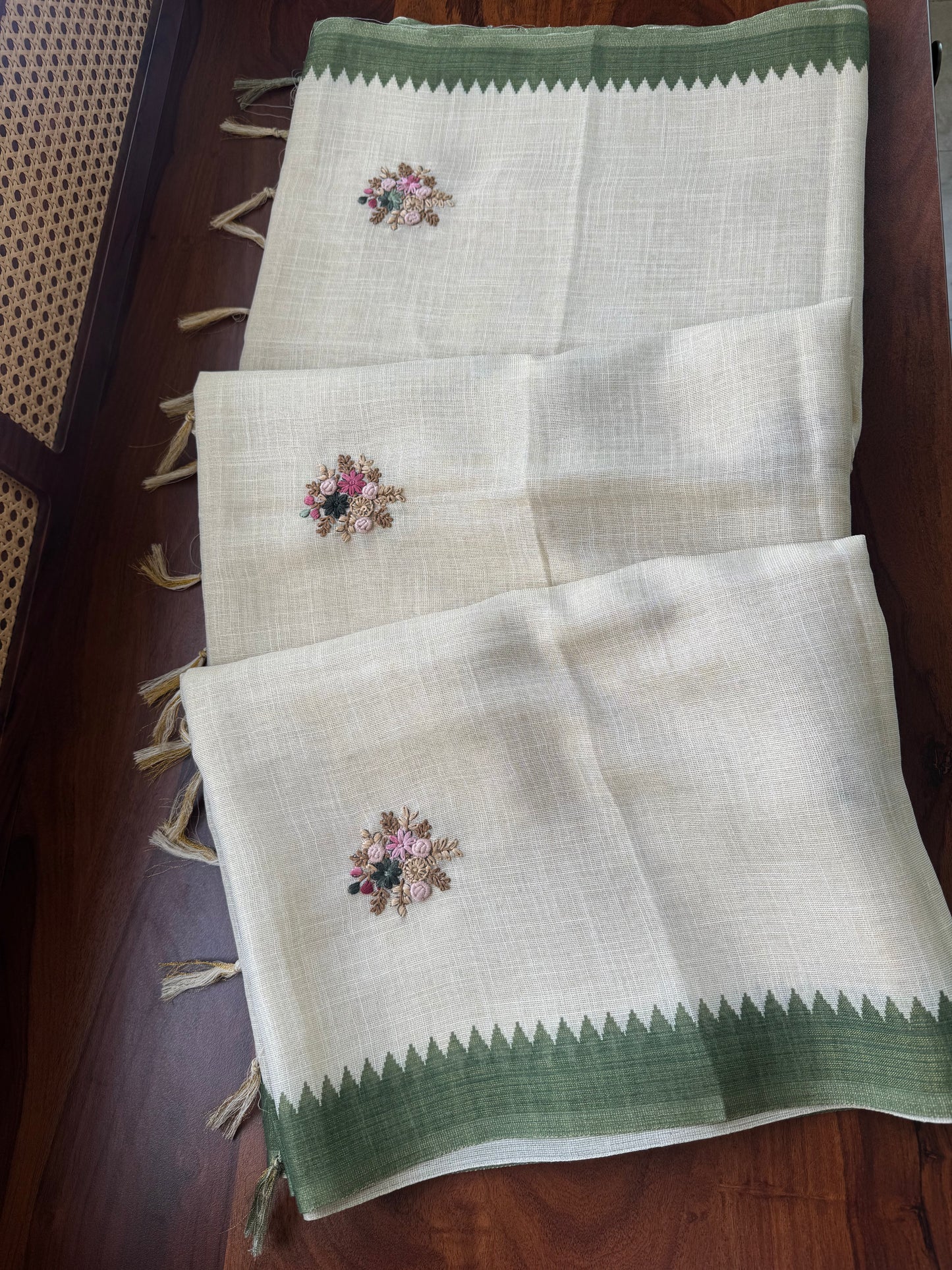 Premium Tissue Linen Sarees - Half White and Green