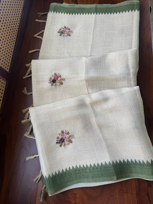 Premium Tissue Linen Sarees - Half White and Green