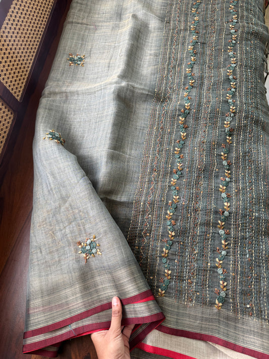 Premium Tissue Linen Sarees with heavy blouse - Grey
