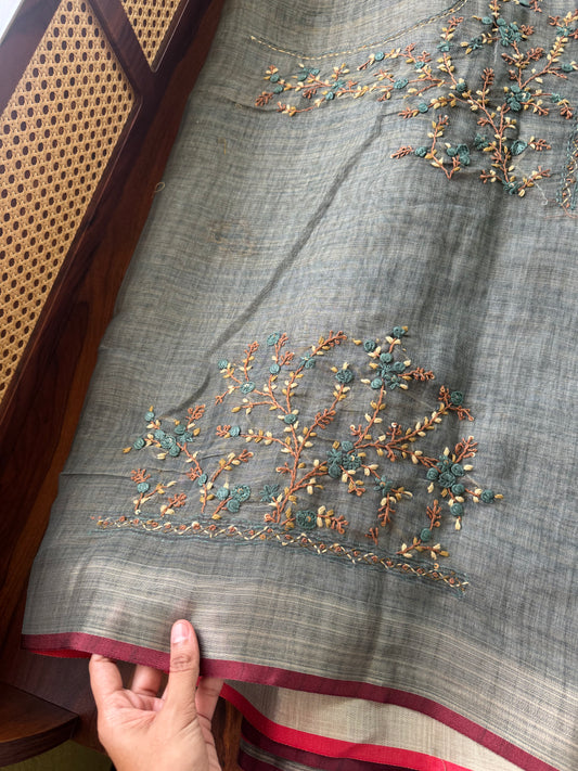 Premium Tissue Linen Sarees with heavy blouse - Grey