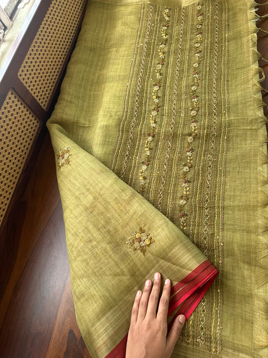 Premium Tissue Linen Sarees with heavy blouse - Green