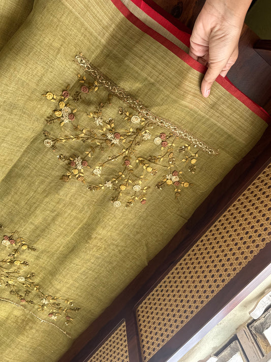 Premium Tissue Linen Sarees with heavy blouse - Green