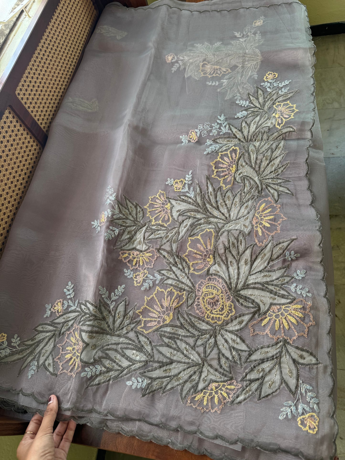 Tissue Organza Saree with appliqué work - Greyish Green