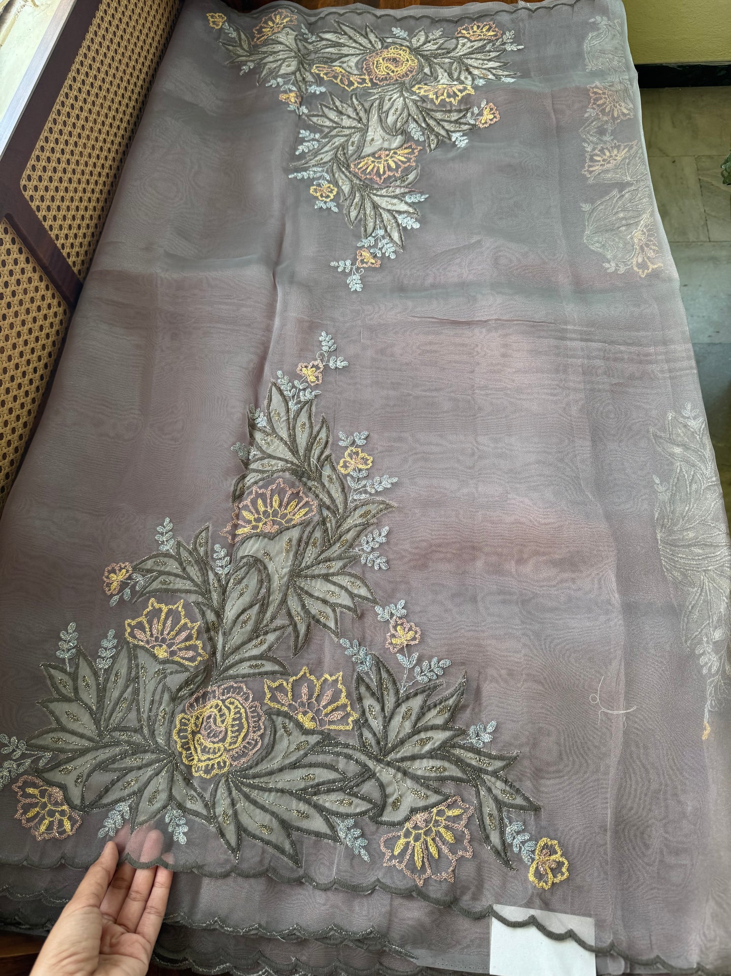 Tissue Organza Saree with appliqué work - Greyish Green