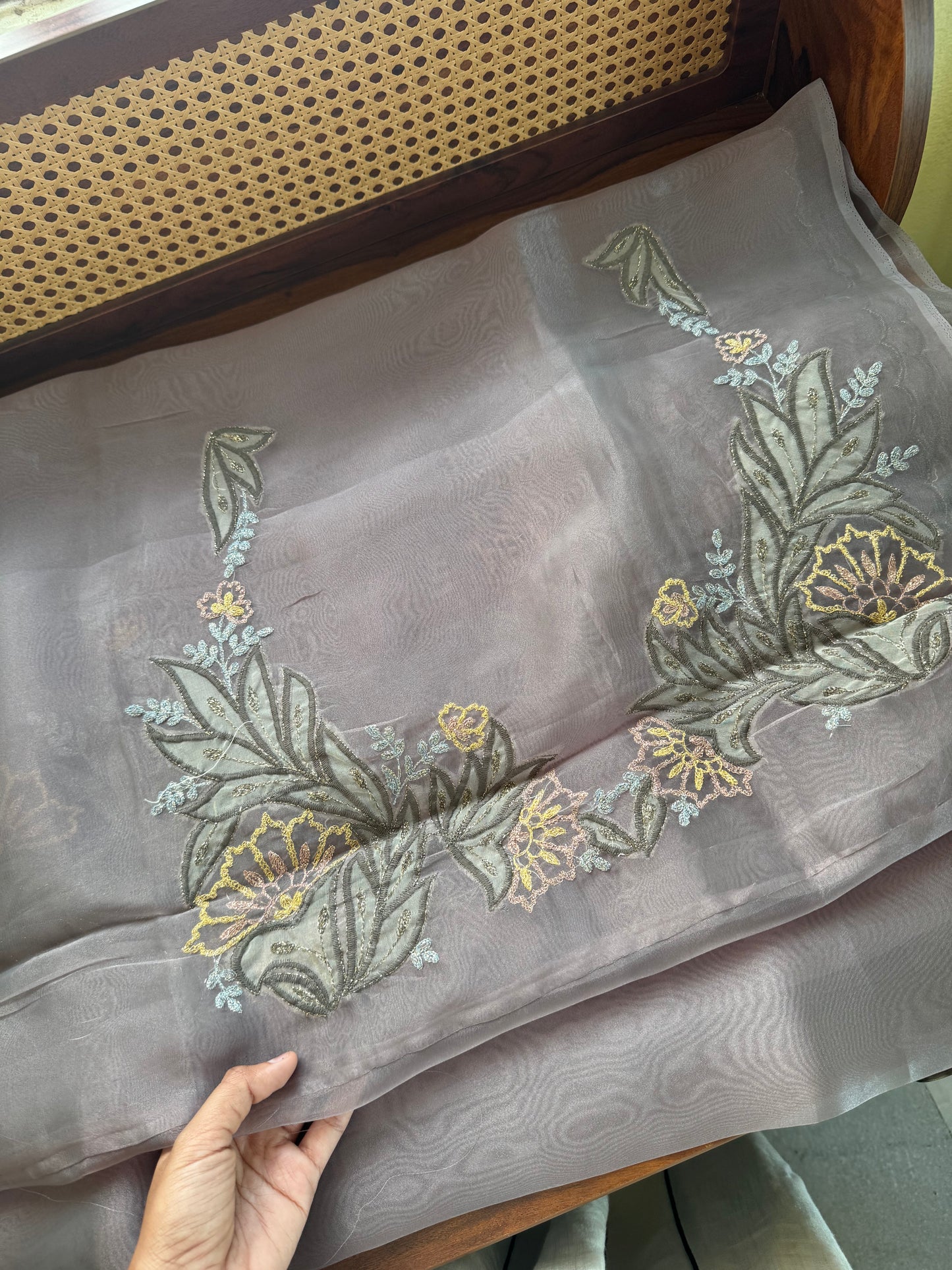 Tissue Organza Saree with appliqué work - Greyish Green