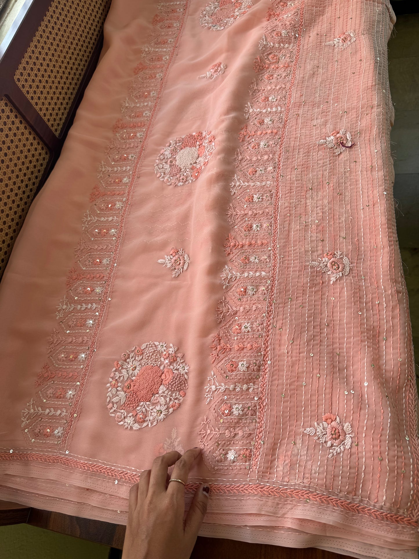 Georgette hand embroidery saree with heavy blouse - Pastel Orange