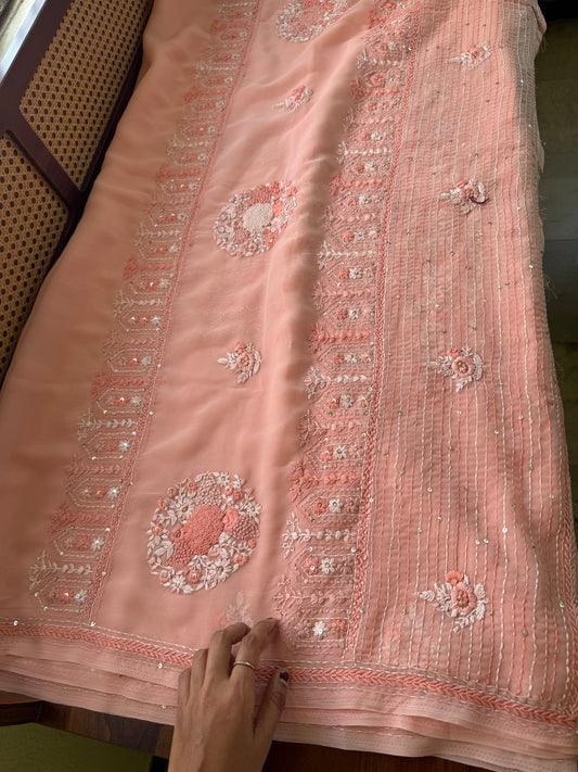 Georgette hand embroidery saree with heavy blouse - Pastel Orange