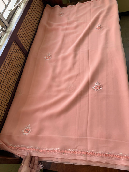 Georgette hand embroidery saree with heavy blouse - Pastel Orange