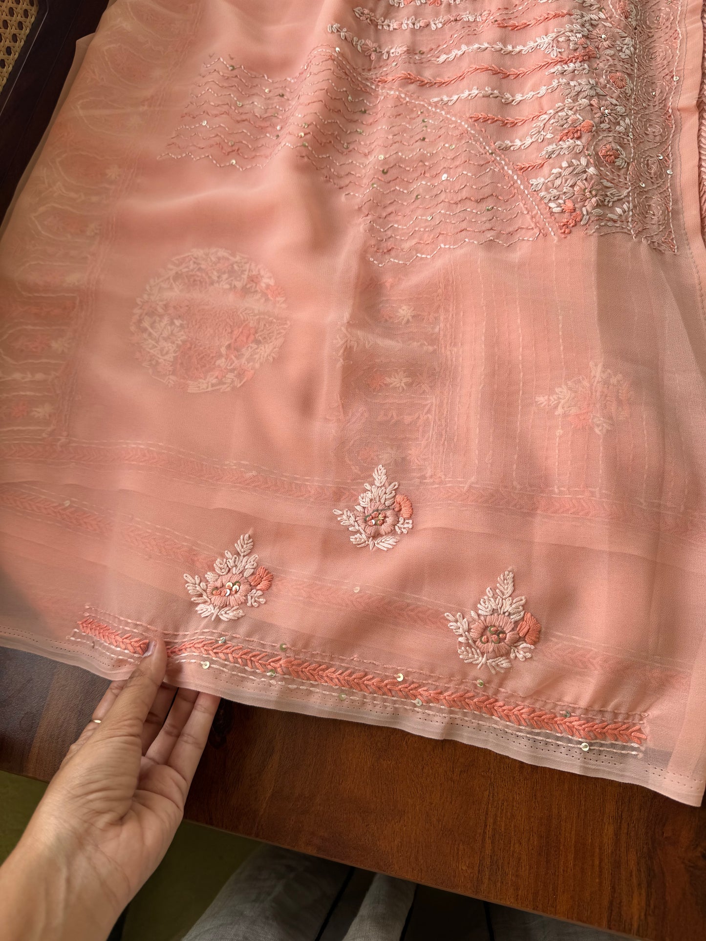 Georgette hand embroidery saree with heavy blouse - Pastel Orange