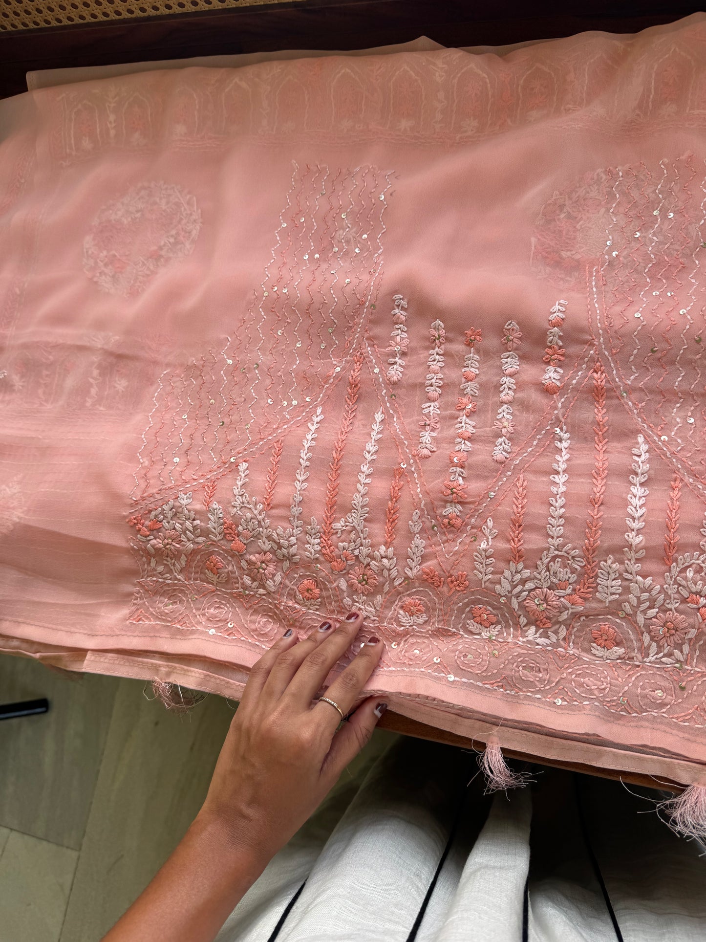 Georgette hand embroidery saree with heavy blouse - Pastel Orange