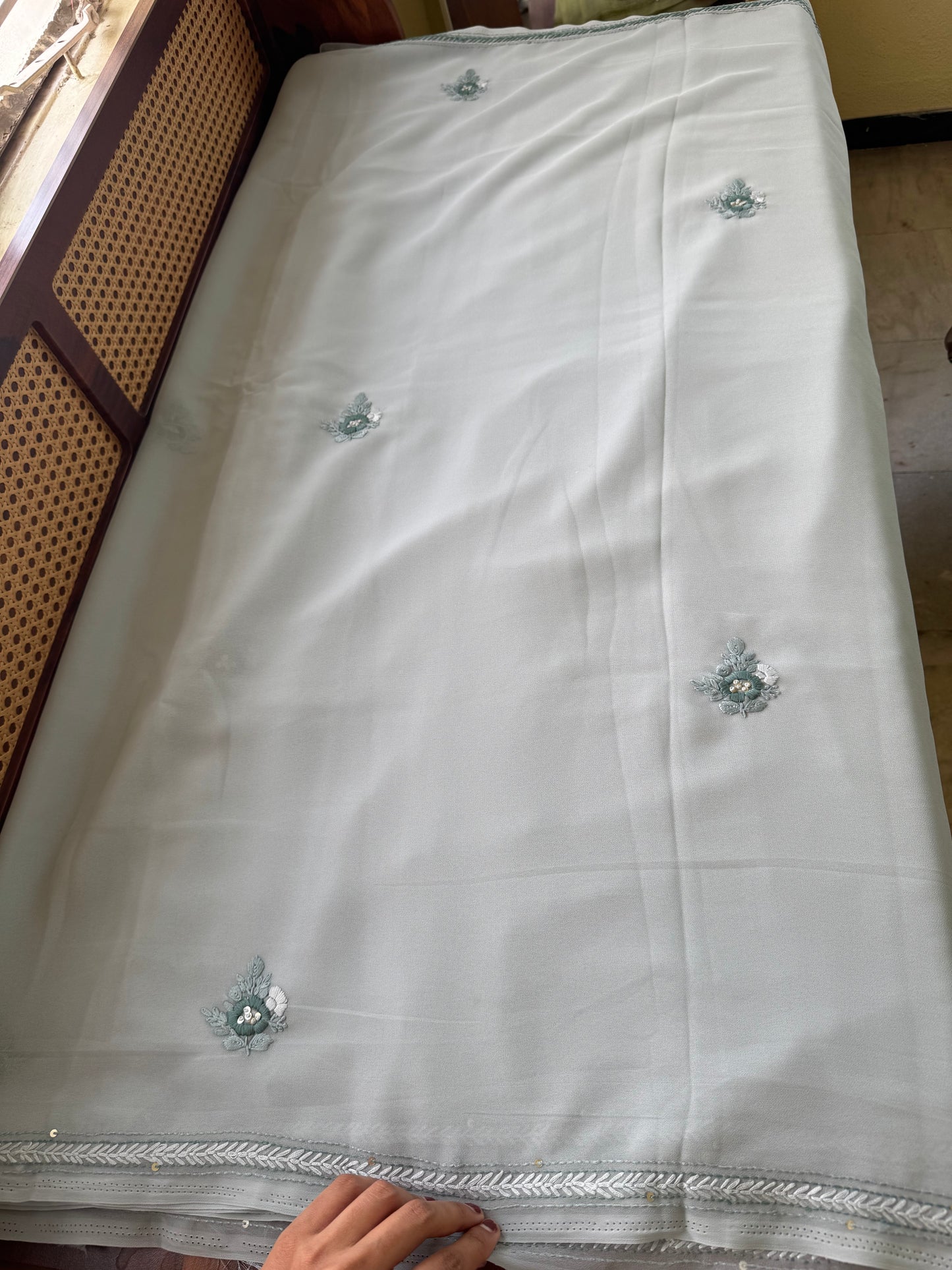 Georgette hand embroidery saree with heavy blouse - Grey