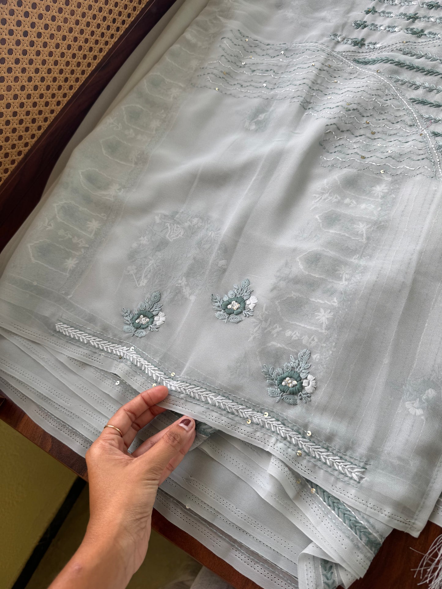 Georgette hand embroidery saree with heavy blouse - Grey