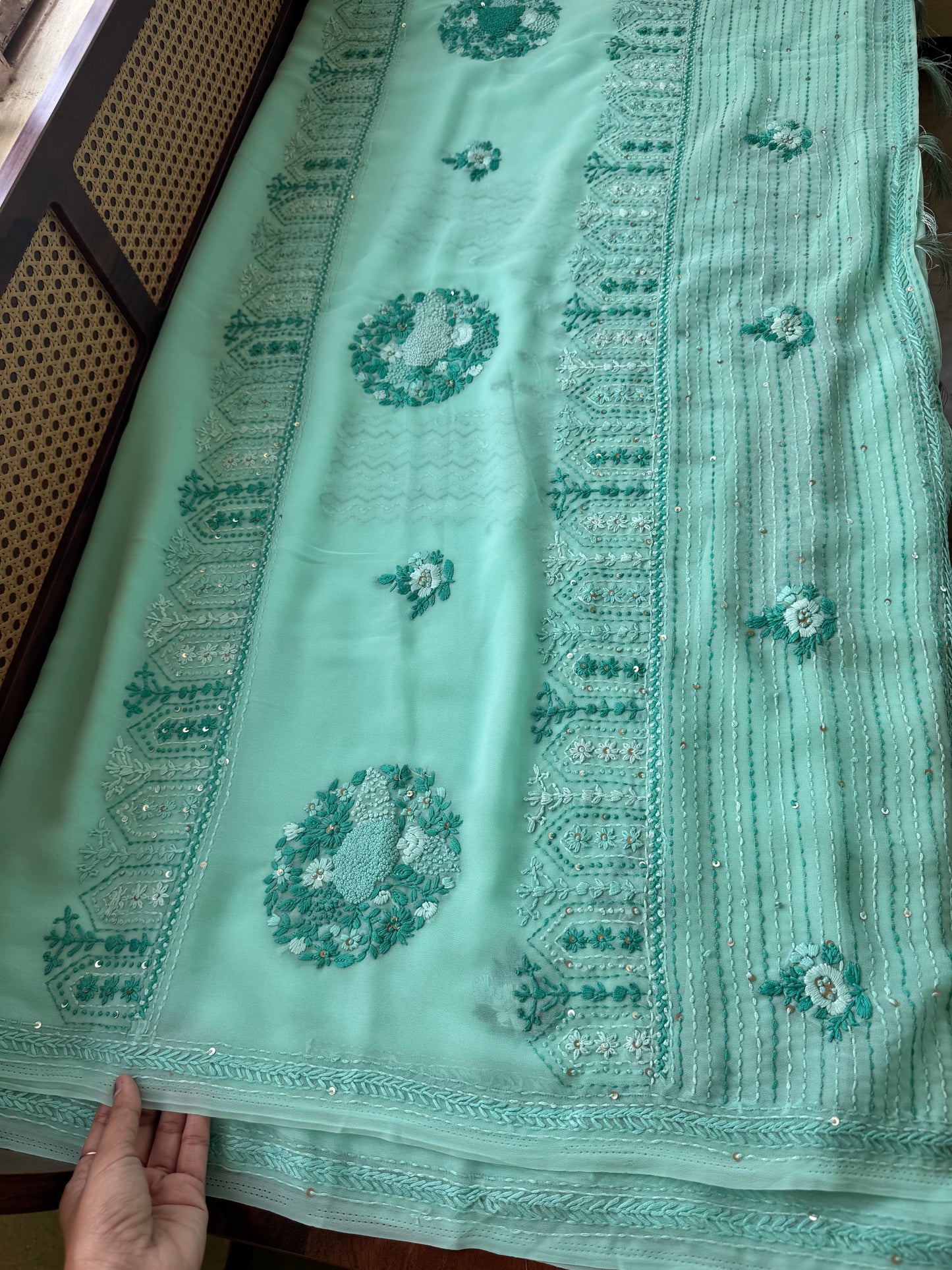 Georgette hand embroidery saree with heavy blouse - Blue