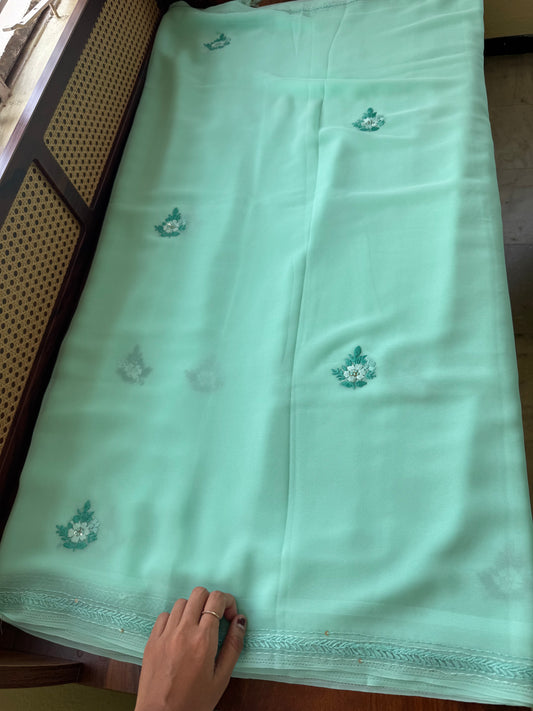 Georgette hand embroidery saree with heavy blouse - Blue