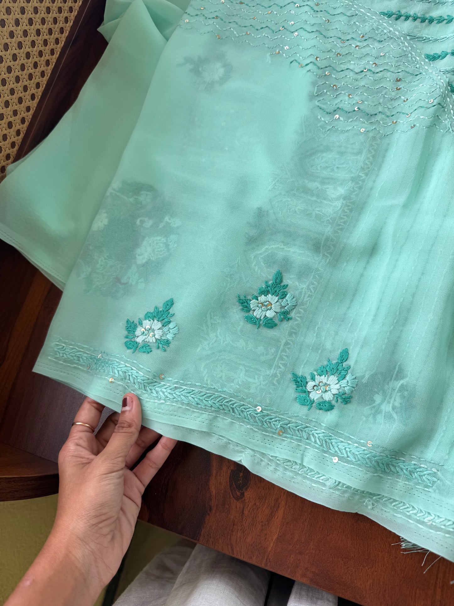 Georgette hand embroidery saree with heavy blouse - Blue