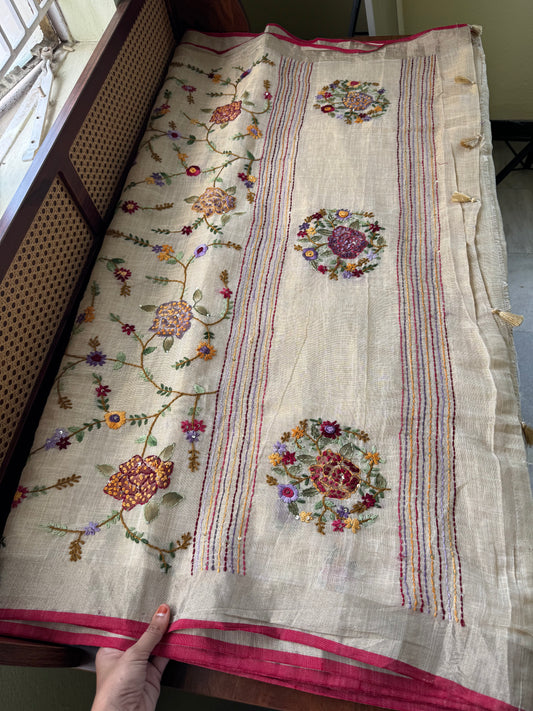 Premium Tissue Linen Sarees - Golden beige with multi color embroidery