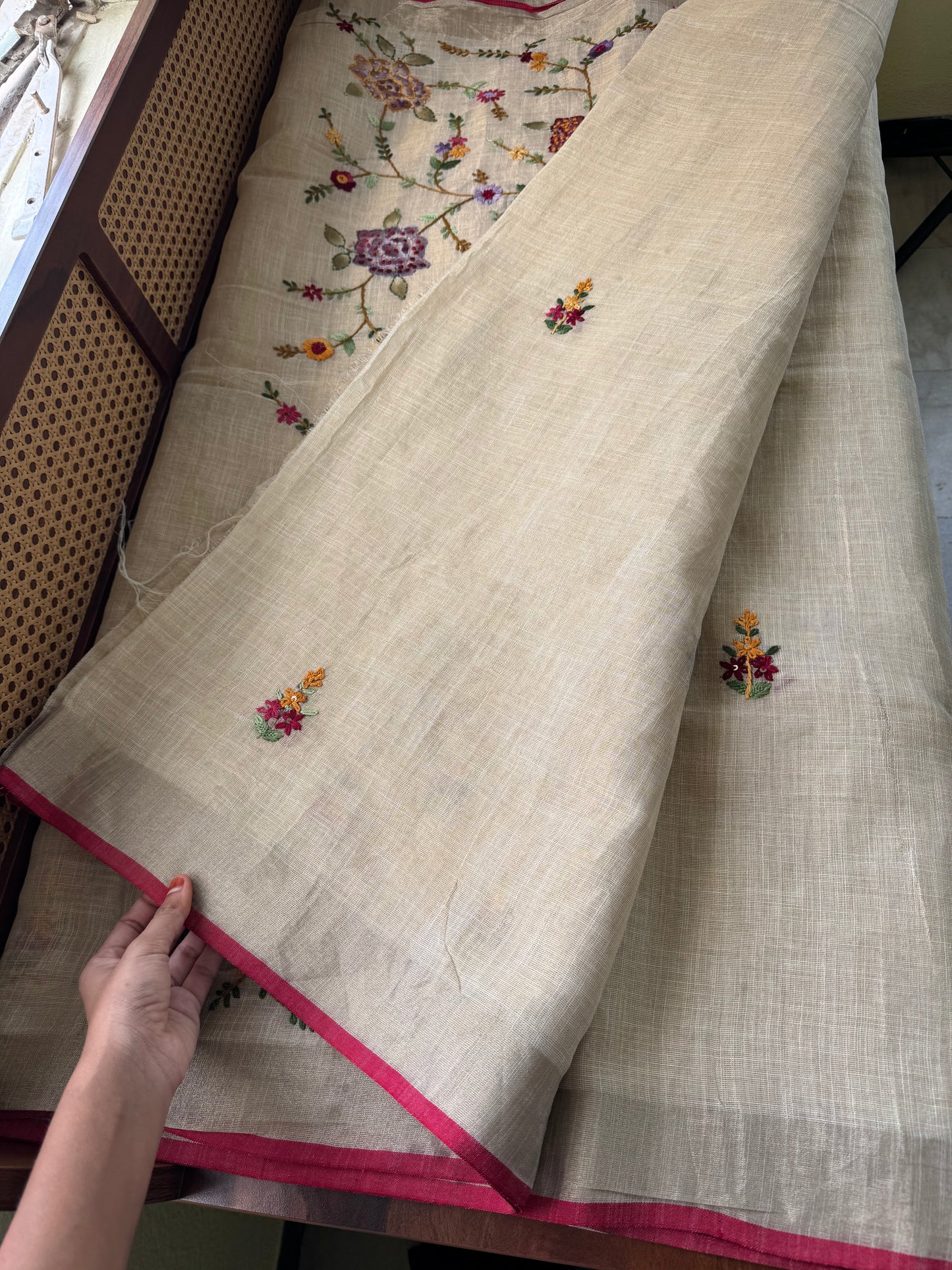 Premium Tissue Linen Sarees - Golden beige with multi color embroidery