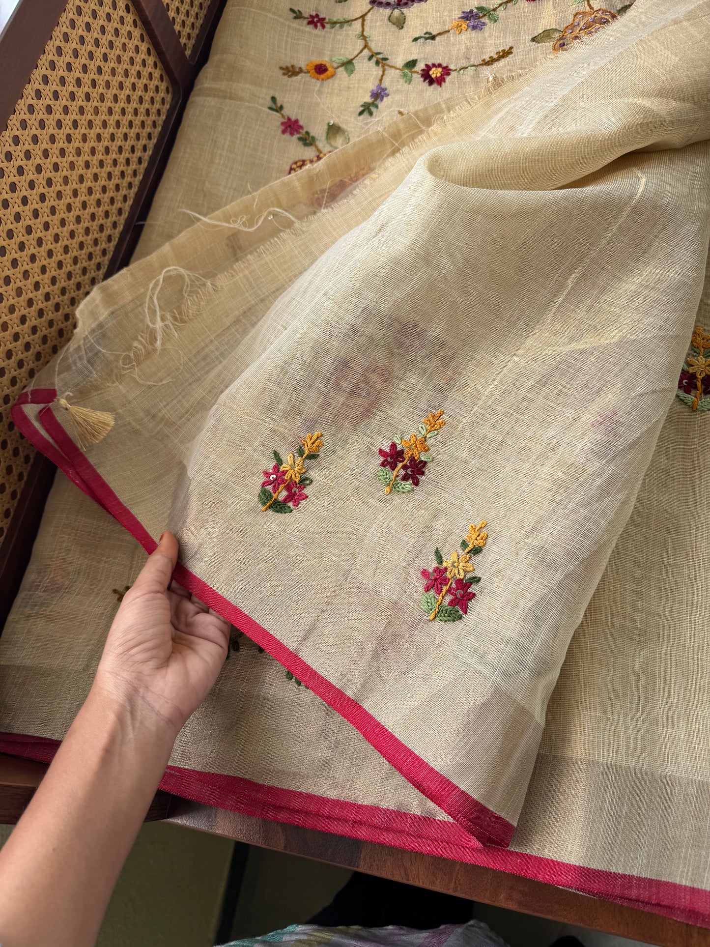 Premium Tissue Linen Sarees - Golden beige with multi color embroidery