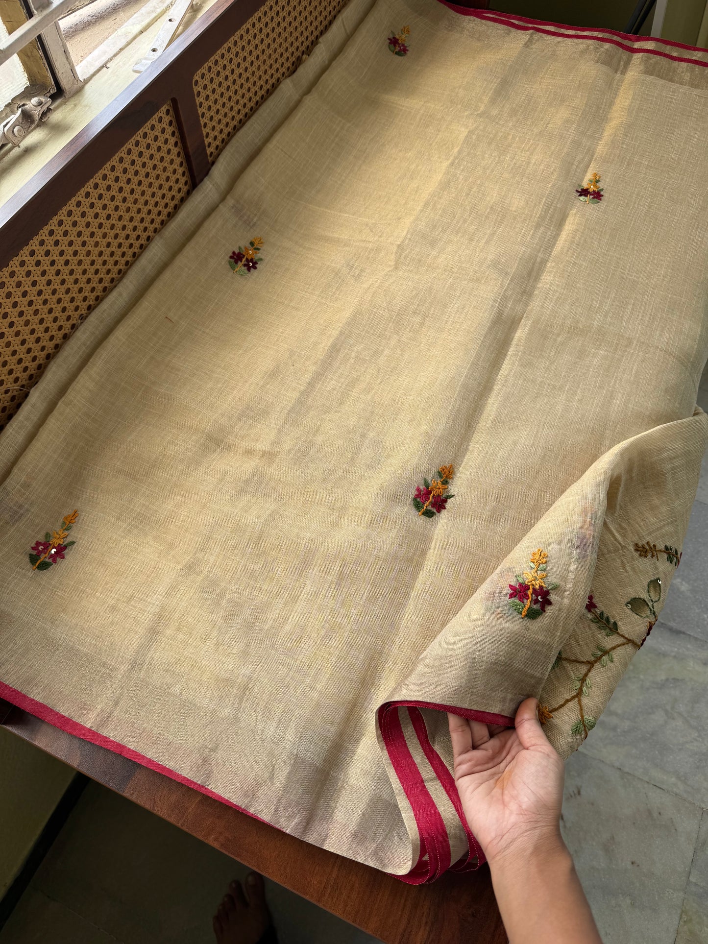 Premium Tissue Linen Sarees - Golden beige with multi color embroidery
