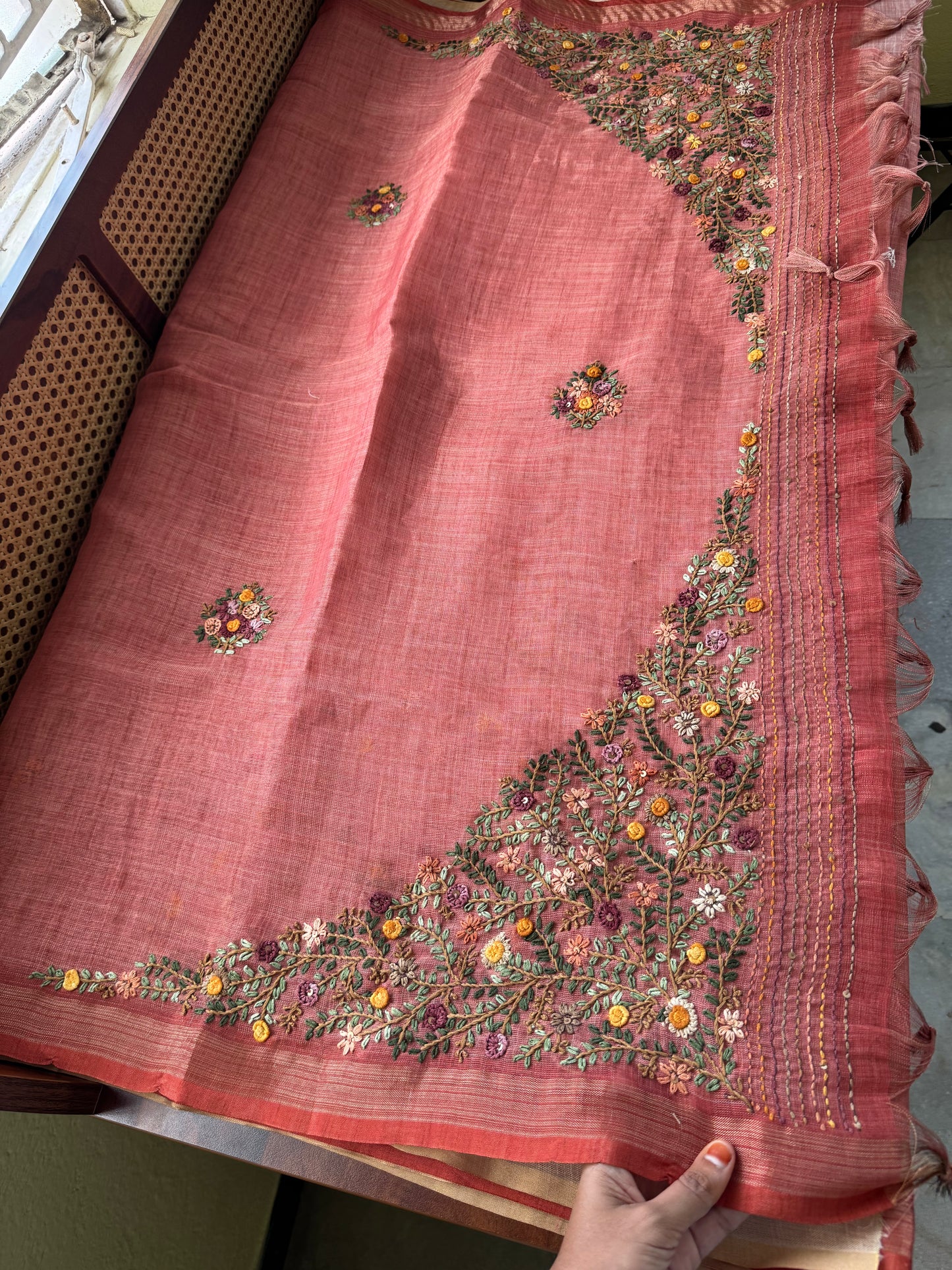 Premium Tissue Linen Sarees with heavy blouse - Peach