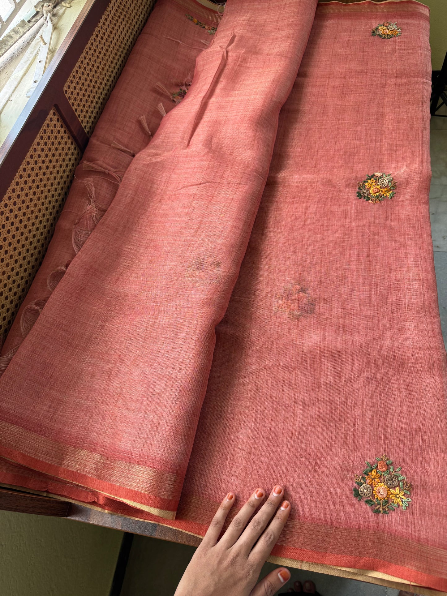 Premium Tissue Linen Sarees with heavy blouse - Peach