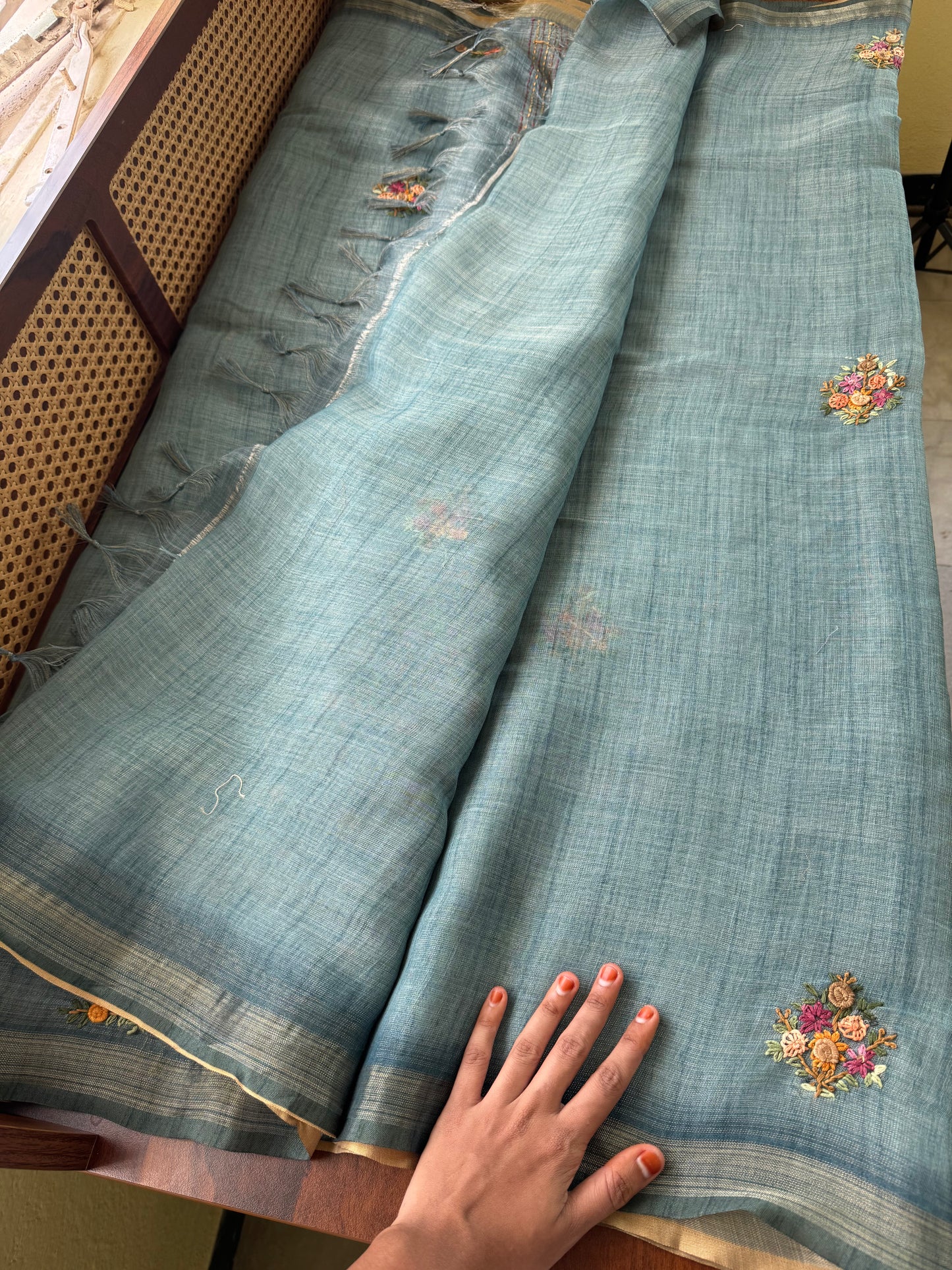 Premium Tissue Linen Sarees with heavy blouse - Blue